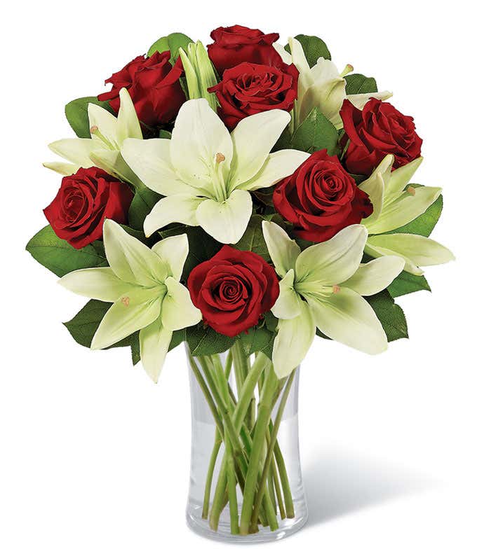 Whimsical White Lily & Red Rose Bouquet